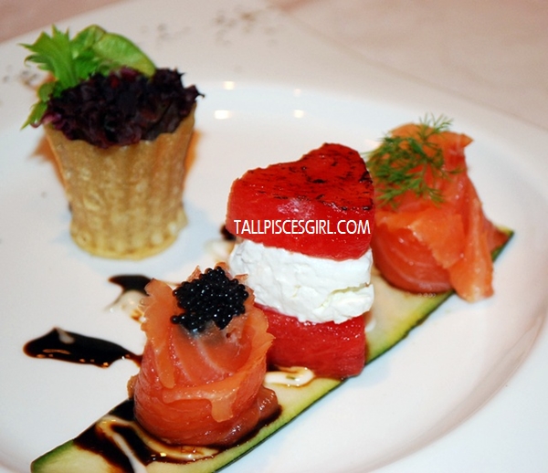 Smoked Salmon Rose Served with Honey Mustard Dressing and Feta Cheese &  Grilled Watermelon With Balsamic Glazed