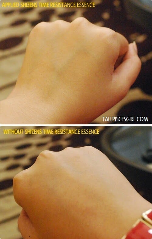 Test on my hand - difference between with and without Shizens Time Resistance Essence Test on my hand - difference between with and without Shizens Time Resistance Essence