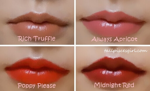 Mary Kay Gel Semi-Matte Lipstick (Rich Truffle, Always Apricot, Poppy Please, Midnight Red)