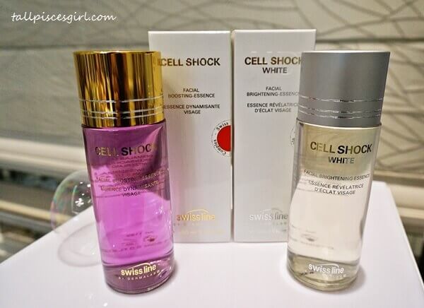 Left: Swiss line Cell Shock Facial Boosting Essence / Right: Swiss line Cell Shock White Facial Brightening Essence