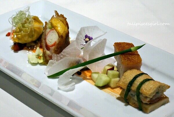 MIGF 2016 Menu @ Dynasty Restaurant: XO Fortune Money Bag with Bean Curd Folder, Crispy Pork Belly with Apple, Seafood wrapped in Rice Paper