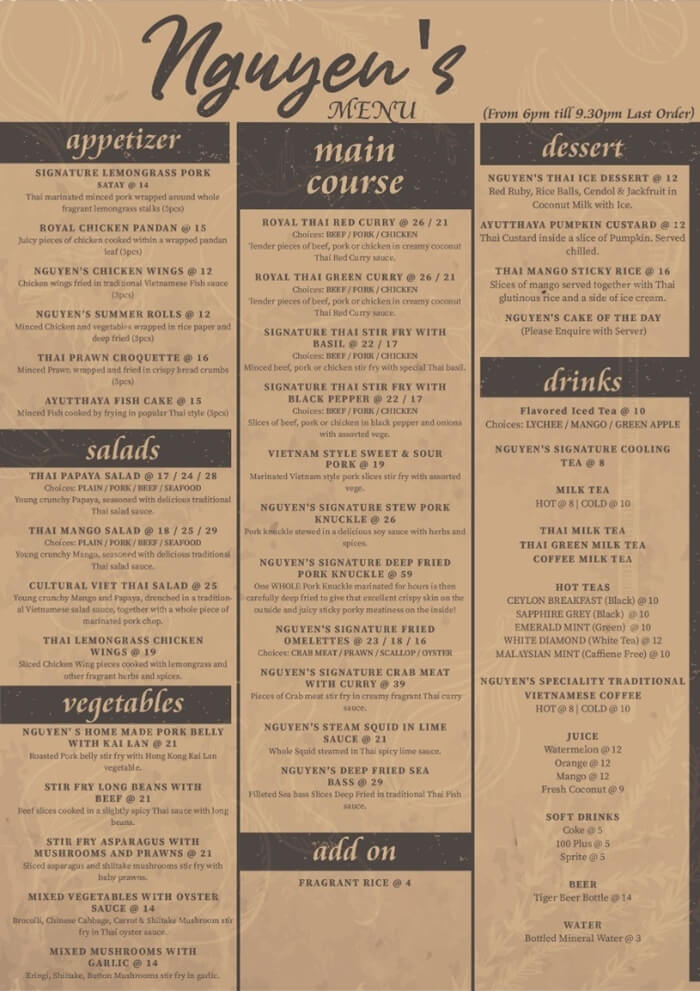 Nguyens 163 Mont Kiara Menu Evening | Nguyen's Vietnamese Restaurant @ 163 Retail Park, Mont Kiara Nguyen's 163 Mont Kiara Menu (Evening)