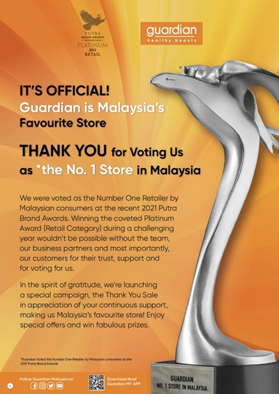 Guardian Malaysia was voted the No. 1 Retailer by Malaysian consumers at the Putra Brand Awards 2021