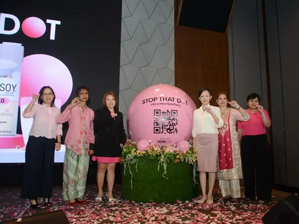 L R Sharon Percey Breast Cancer Survivors Chang Wan Ping Marketing Director Ace Canning Soo Sek Yow Head of Soya Nutrition Unit Ace Canning Rani Sheena Breast Cancer Survivors | Homesoy Launches "STOP THAT DOT" to Promote Early Breast Cancer Detection L-R: Sharon & Percey (Breast Cancer Survivors), Chang Wan Ping, Marketing Director (Ace Canning), Soo Sek Yow, Head of Soya Nutrition Unit, Ace Canning, Rani & Sheena (Breast Cancer Survivors, standing in solidarity at the unveiling of the STOP THAT DOT sculpture that symbolizes the campaign launch